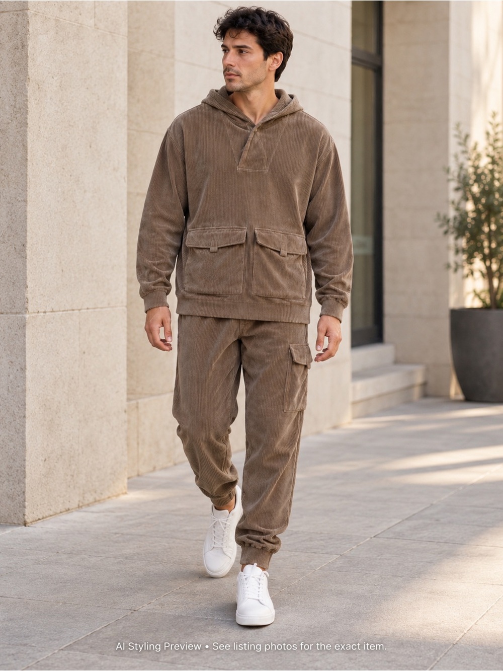 Native Youth Men’s L Brown Corduroy Hoodie Cargo Jogger Set 34